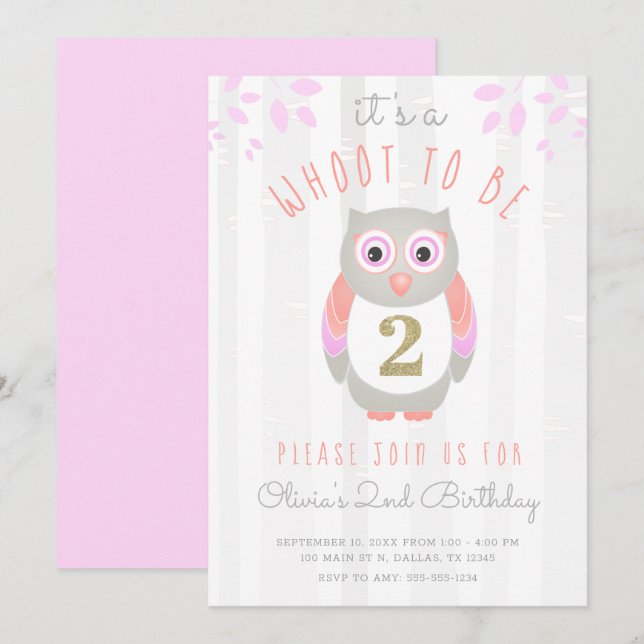 It's a Whoot to be Two Woodland Owl 2nd Birthday Invitation (Front/Back)