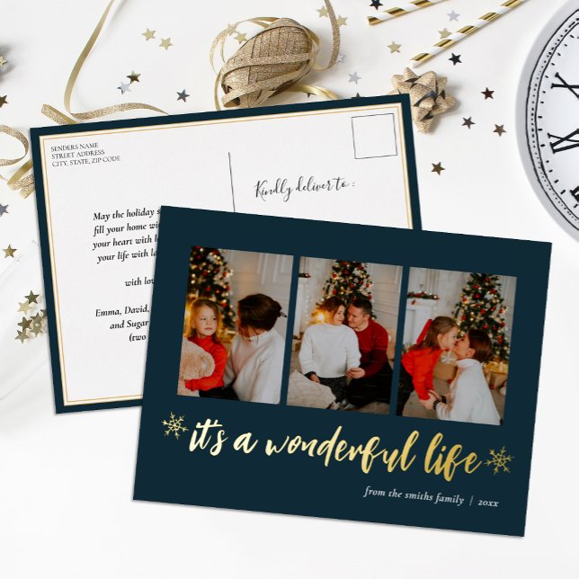 It's A Wonderful Life Blue Gold Christmas Photo Foil Holiday Postcard (Creator Uploaded)