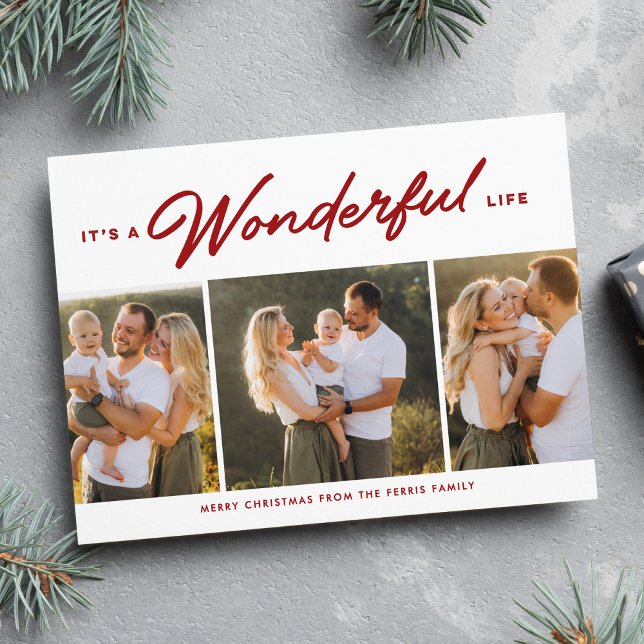 It's a wonderful life three photo red Christmas Holiday Card (Creator Uploaded)
