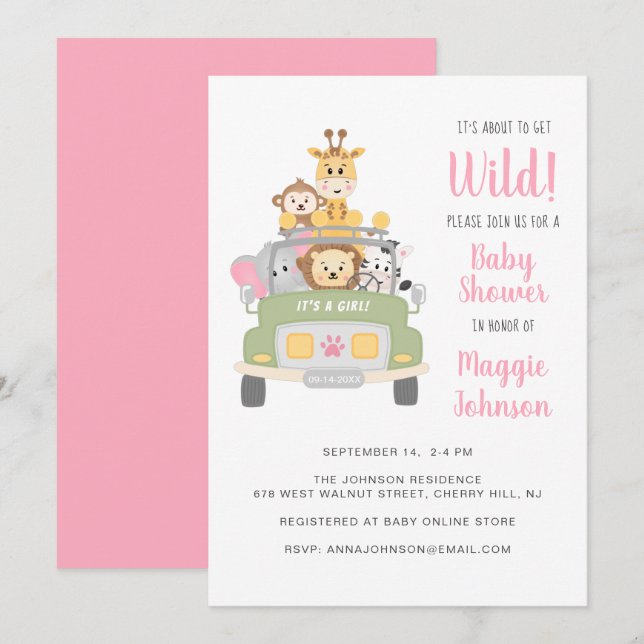 It's About to Get Wild Safari Baby Girl Shower Invitation (Front/Back)
