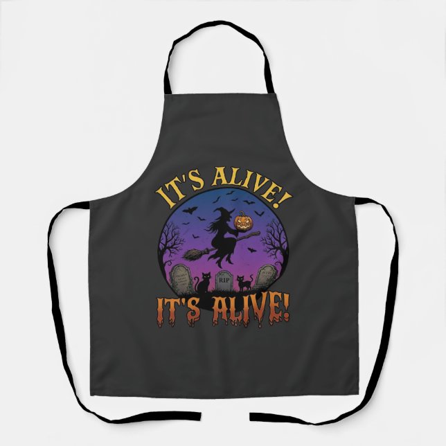Its Alive Halloween Witch Pumpkin Black Cat Tombst Apron (Front)