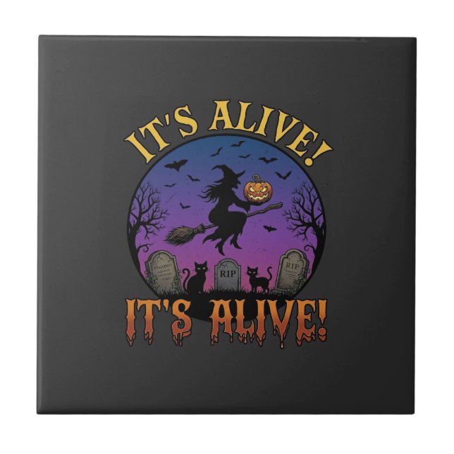 Its Alive Halloween Witch Pumpkin Black Cat Tombst Tile (Front)