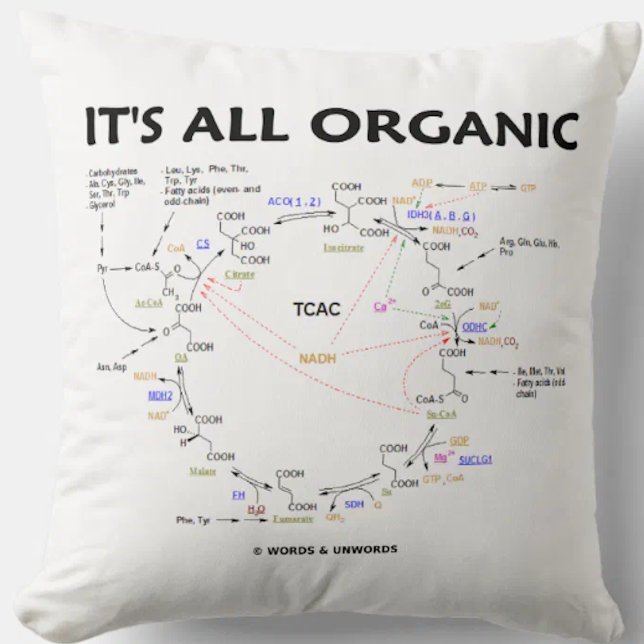 It's All Organic Krebs Cycle Citric Acid Cycle Cushion (O-Chem attitude throw pillow with the Krebs cycle (ctiric acid cycle, tricarboxlylic acid cycle))
