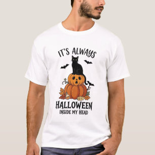Its Always Halloween Inside Head Black Cat Pumpkin T-Shirt