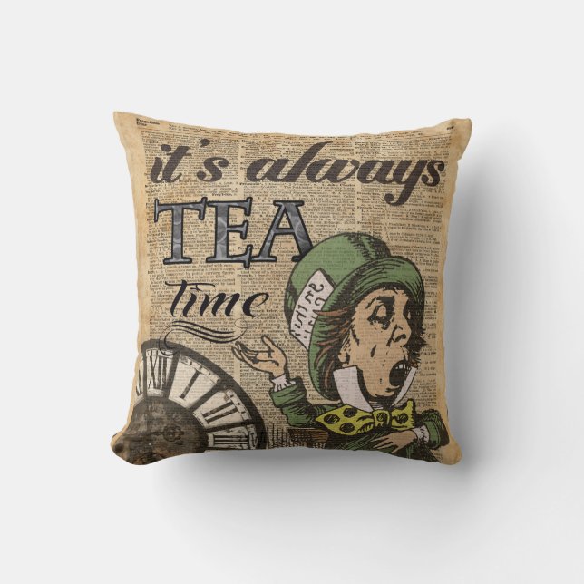 "It's always tea time" Mad Hatter Dictionary Art Cushion (Front)