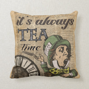 "It's always tea time" Mad Hatter Dictionary Art Cushion