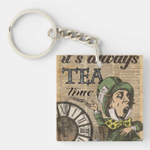 "It's always tea time" Mad Hatter Dictionary Art Key Ring