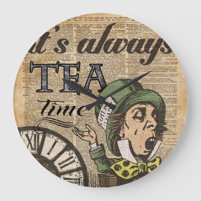 "It's always tea time" Mad Hatter Dictionary Art Large Clock (Front)