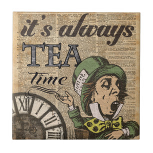 "It's always tea time" Mad Hatter Dictionary Art Tile