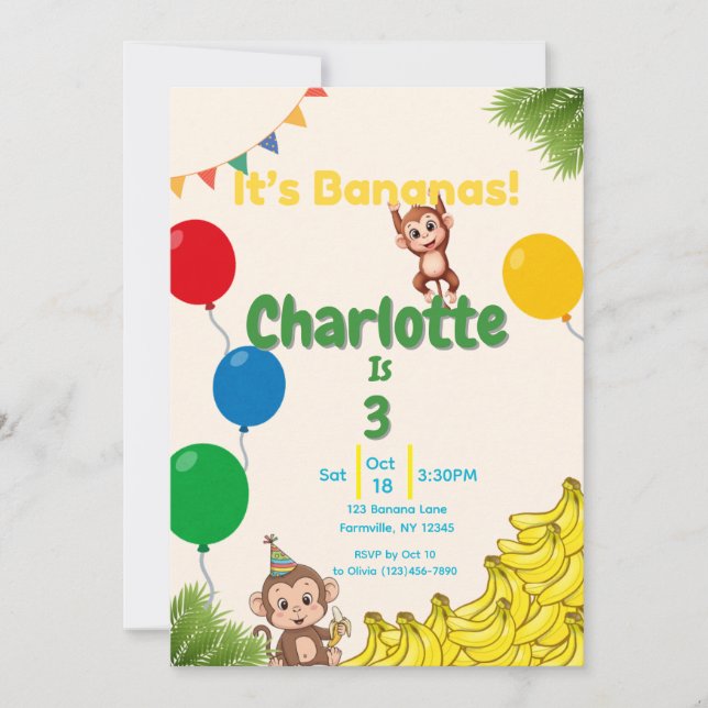 It's Bananas Birthday- Time Flies Invitation (Front)