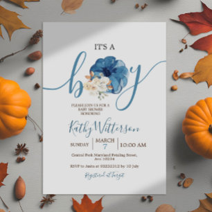 It's Boy Navy Pumpkin Rustic Floral Baby Shower Invitation