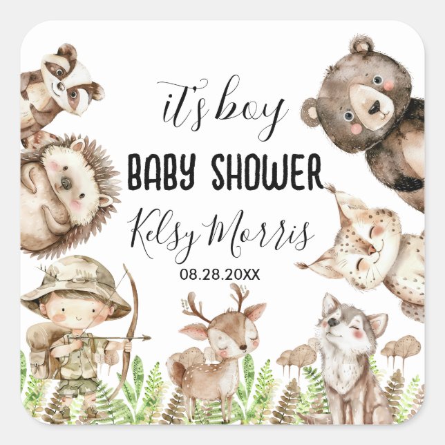 its boy Rustic Woodland Baby Shower Invite Square Sticker (Front)