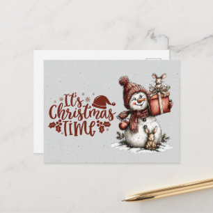 It's Christmastime Snowman Holding Gift and Mouse Postcard