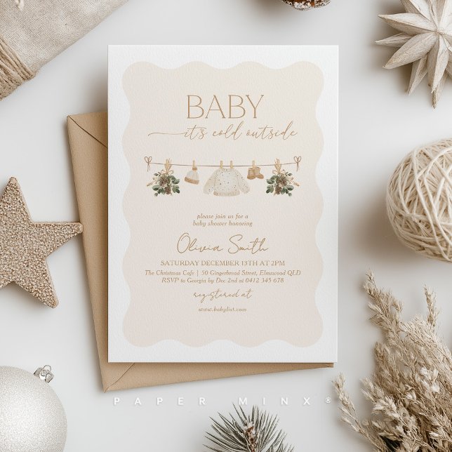it's Cold Outside Baby Shower Beige Gender Neutral Invitation (Gender Neutral Baby Shower Invitation. Christmas clothesline with baby clothes and greenery. )