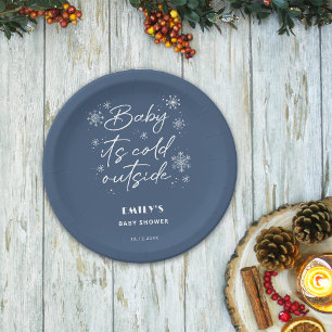 It's cold outside blue baby shower paper plate