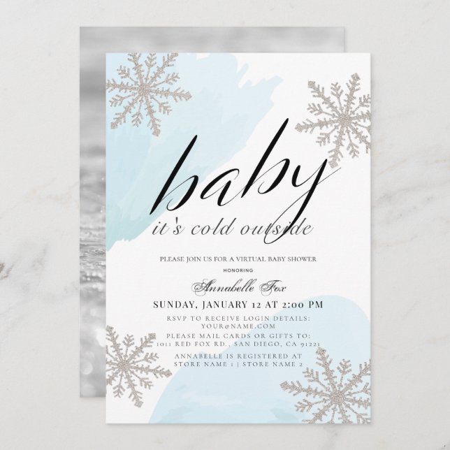 It's Cold Outside Blue Virtual Baby Shower Invitation (Front/Back)