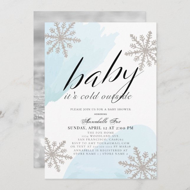 It's Cold Outside Blue Watercolor Baby Shower Invitation (Front/Back)