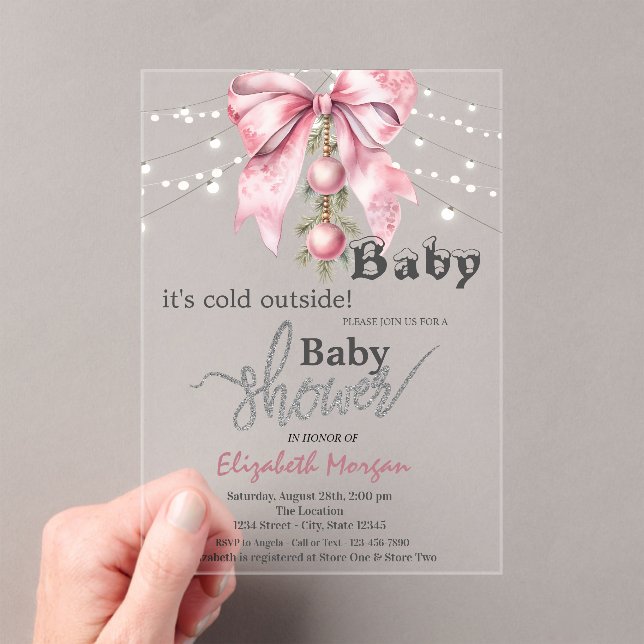 It's Cold Outside Bow Balls Lights Baby Shower Acrylic Invitations (Insitu (Handheld))