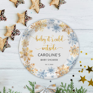 It's Cold Outside Golden Snowflakes Baby Paper Plate