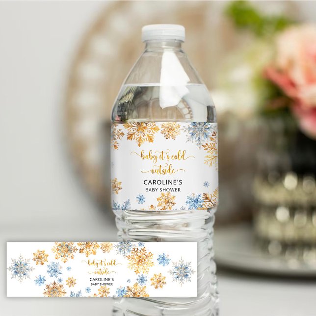 It's Cold Outside Golden Snowflakes Baby Water Bottle Label (Creator Uploaded)