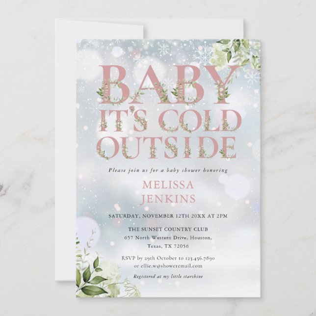Its Cold Outside Greenery Winter Pink Baby Shower Invitation (Front)