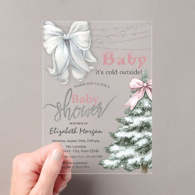 It's Cold Outside Pine Tree White Bow  Baby Shower Acrylic Invitations (Insitu (Handheld))