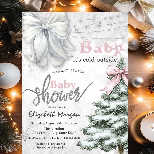 It's Cold Outside Pine Tree White Bow  Baby Shower Invitation (Creator Uploaded)
