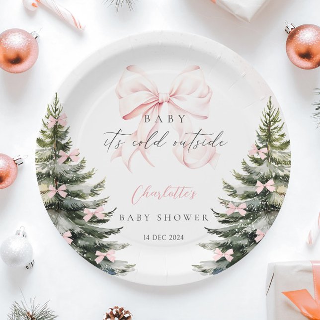 It's Cold Outside Pink Bow Baby Shower Paper Plate (Creator Uploaded)