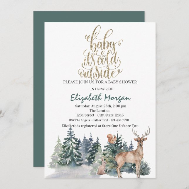 It's Cold Outside Reindeer Green Baby Shower  Invitation (Front/Back)