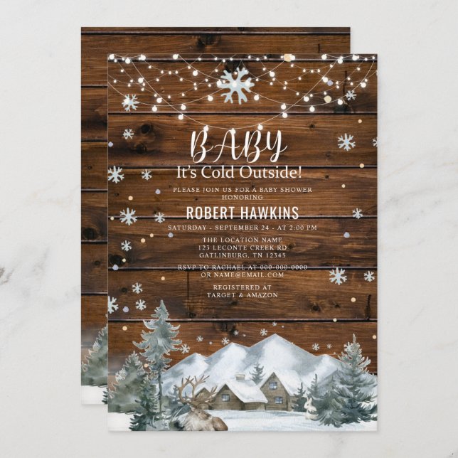 Its Cold Outside Rustic Wood Winter Baby Shower Invitation (Front/Back)