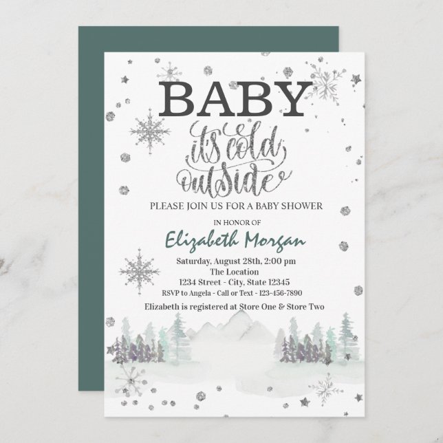 It's Cold Outside Snowflakes Forest Baby Shower Invitation (Front/Back)
