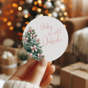 It's Cold Outside Winter Pink Bow Girl Baby Shower Classic Round Sticker