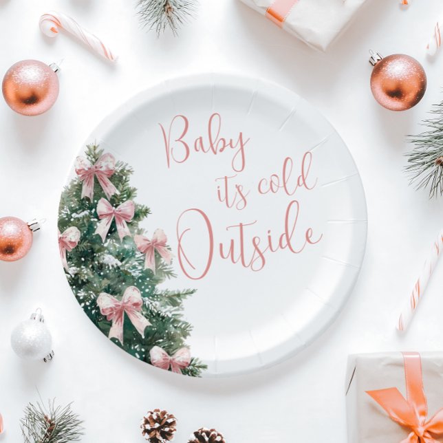 It's Cold Outside Winter Pink Bow Girl Baby Shower Paper Plate (Creator Uploaded)
