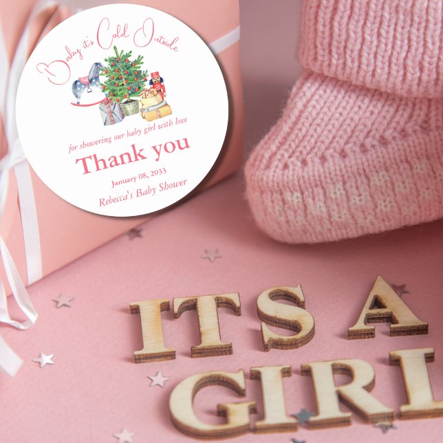 It's Cold Outside Winter Pink Girl Baby Shower Classic Round Sticker (Creator Uploaded)