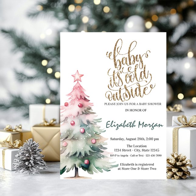 It's Cold Watercolor Pink Pine Tree Baby Shower   Invitation (Creator Uploaded)