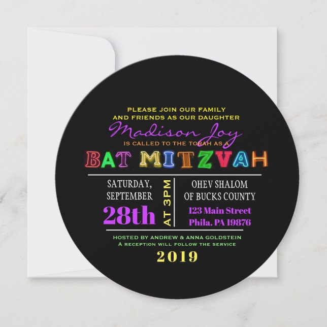 IT'S ELECTRIC! NEON GLOW  Bar Mitzvah Invitation (Front)