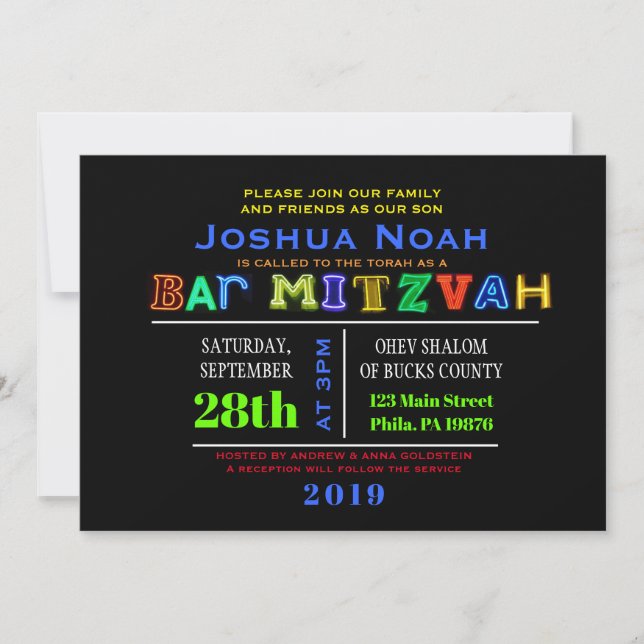 IT'S ELECTRIC! NEON GLOW  Bar Mitzvah Invitation (Front)
