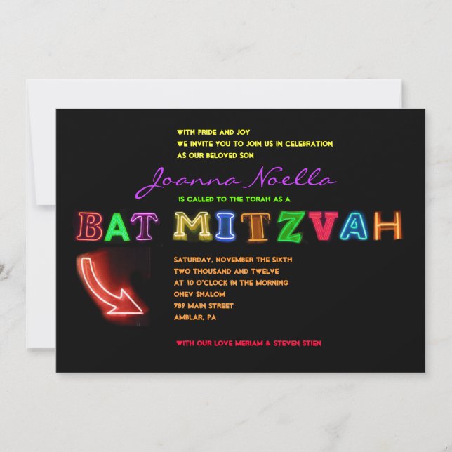 IT'S ELECTRIC!  NEON SIGN Bat Mitzvah Invitation (Front)
