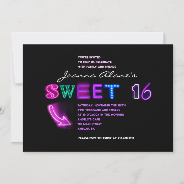 IT'S ELECTRIC! NEON SIGN Sweet Sixteen Invitation (Front)
