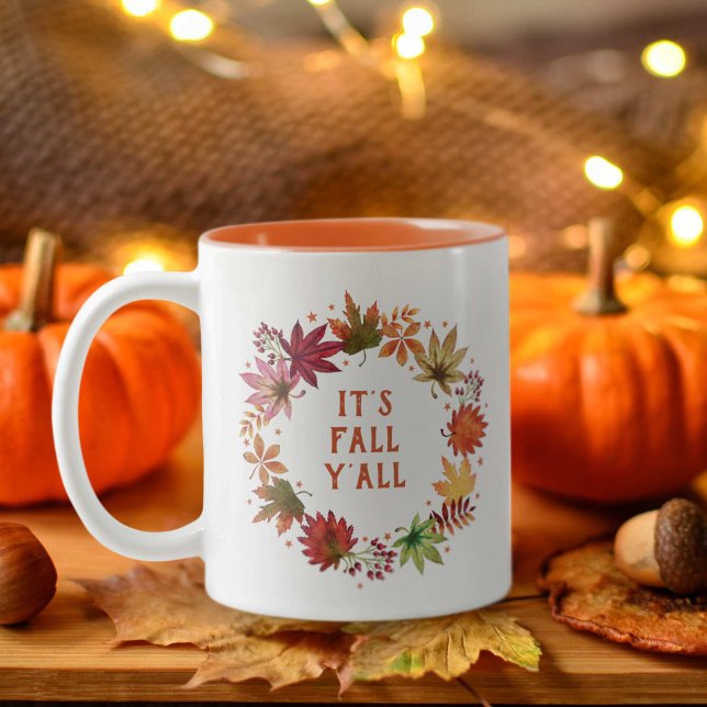 It's Fall Yall Autumn Falling Leaves Thanksgiving Two-Tone Coffee Mug (It's Fall Yall Autumn Falling Leaves Thanksgiving Two-Tone Coffee Mug)