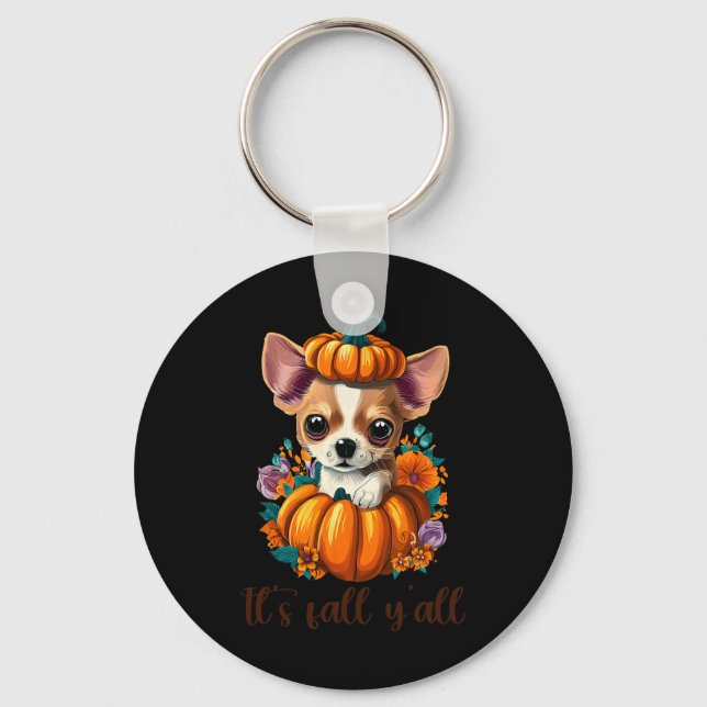Its Fall Y'all cute floral Pumpkin Chihuahua Hallo Key Ring (Front)