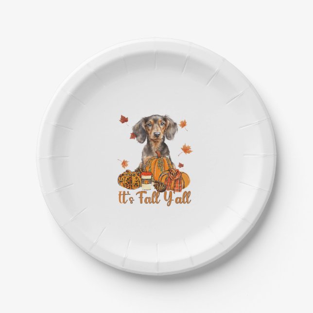 Its Fall Y'all Dachshund Dog Fall Scarf Autumn Pum Paper Plate (Front)