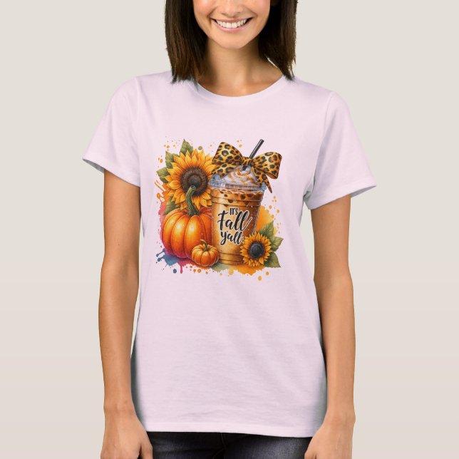 It's Fall Y'all – Leopard Bow Coffee with Pumpkins T-Shirt (Front)