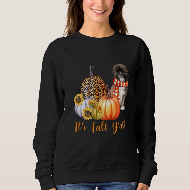 It's Fall Y'all Lhasa Apso Dog Leopard Pumpkin Fal Sweatshirt (Front)