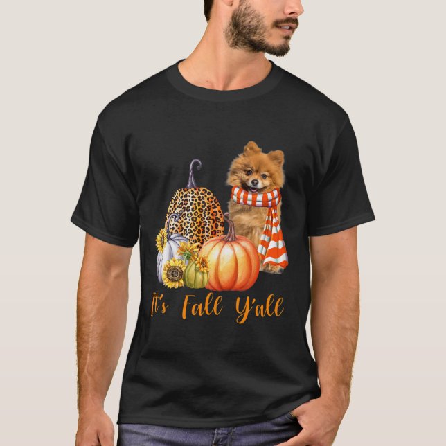 It's Fall Y'all Pomeranian Dog Leopard Pumpkin Fal T-Shirt (Front)