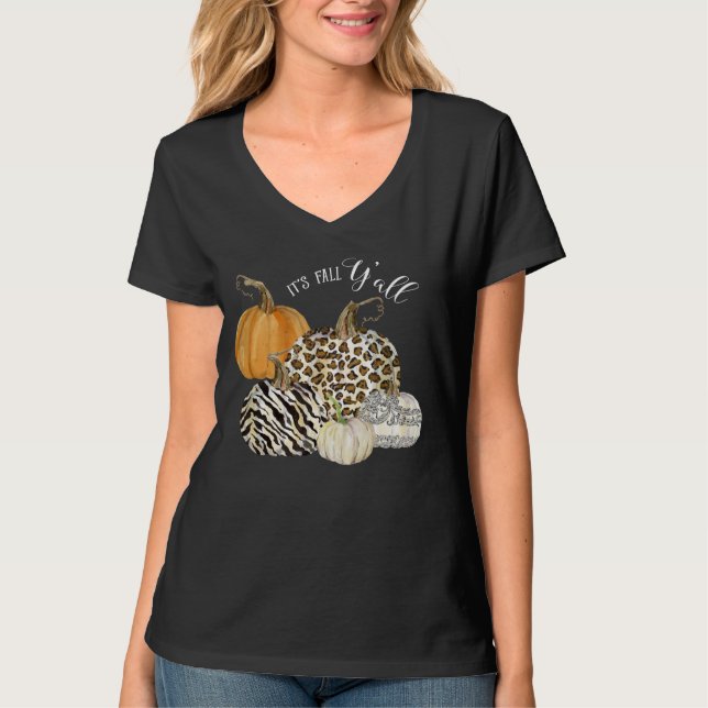 Its Fall Y'all!  Watercolor Pumpkins Zebra Leopard T-Shirt (Front)