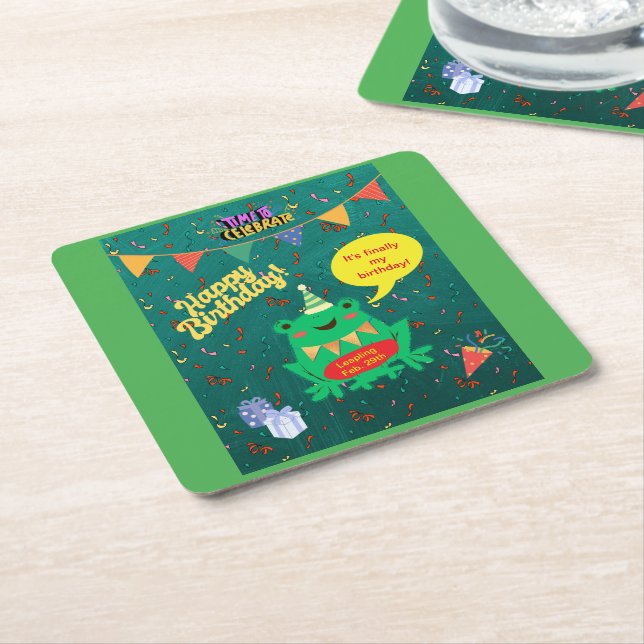 It's Finally My Birthday Feb. 29th Frog Confetti Square Paper Coaster (Angled)