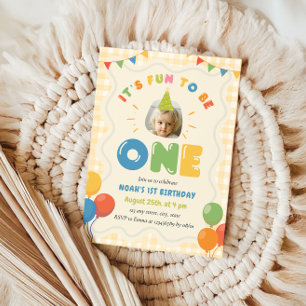 It's Fun to Be One 1st Birthday Photo Gingham  Invitation