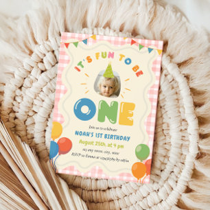 It's Fun to Be One 1st Birthday Photo Red Gingham  Invitation