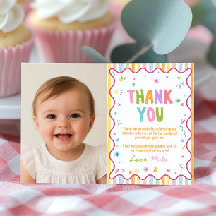 It's Fun To Be One Birthday Colourful Party Photo Thank You Card